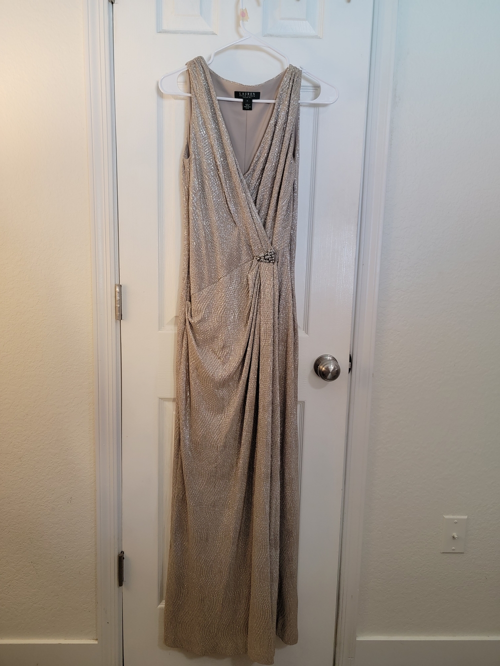 Ralph Lauren Champagne Evening Gown - Sleeveless V-Neck Draped Dress